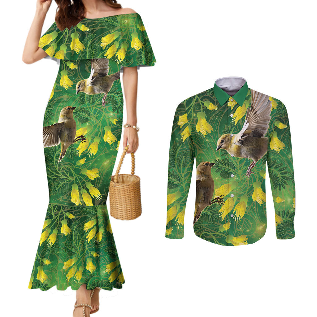 Bellbird New Zealand Personalised Couples Matching Mermaid Dress and Long Sleeve Button Shirt Kowhai Flower Maori Pattern LT22 Green - Polynesian Pride