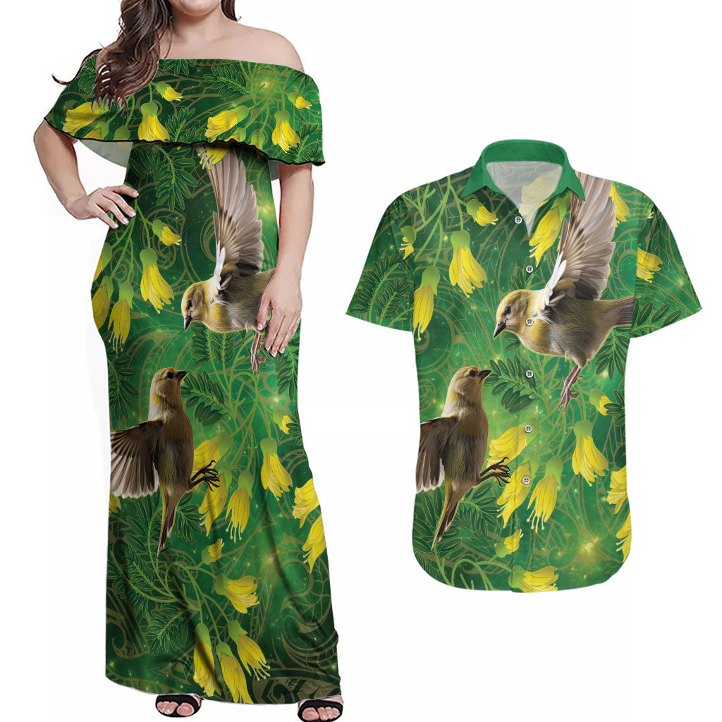 Bellbird New Zealand Personalised Couples Matching Off Shoulder Maxi Dress and Hawaiian Shirt Kowhai Flower Maori Pattern LT22 Green - Polynesian Pride