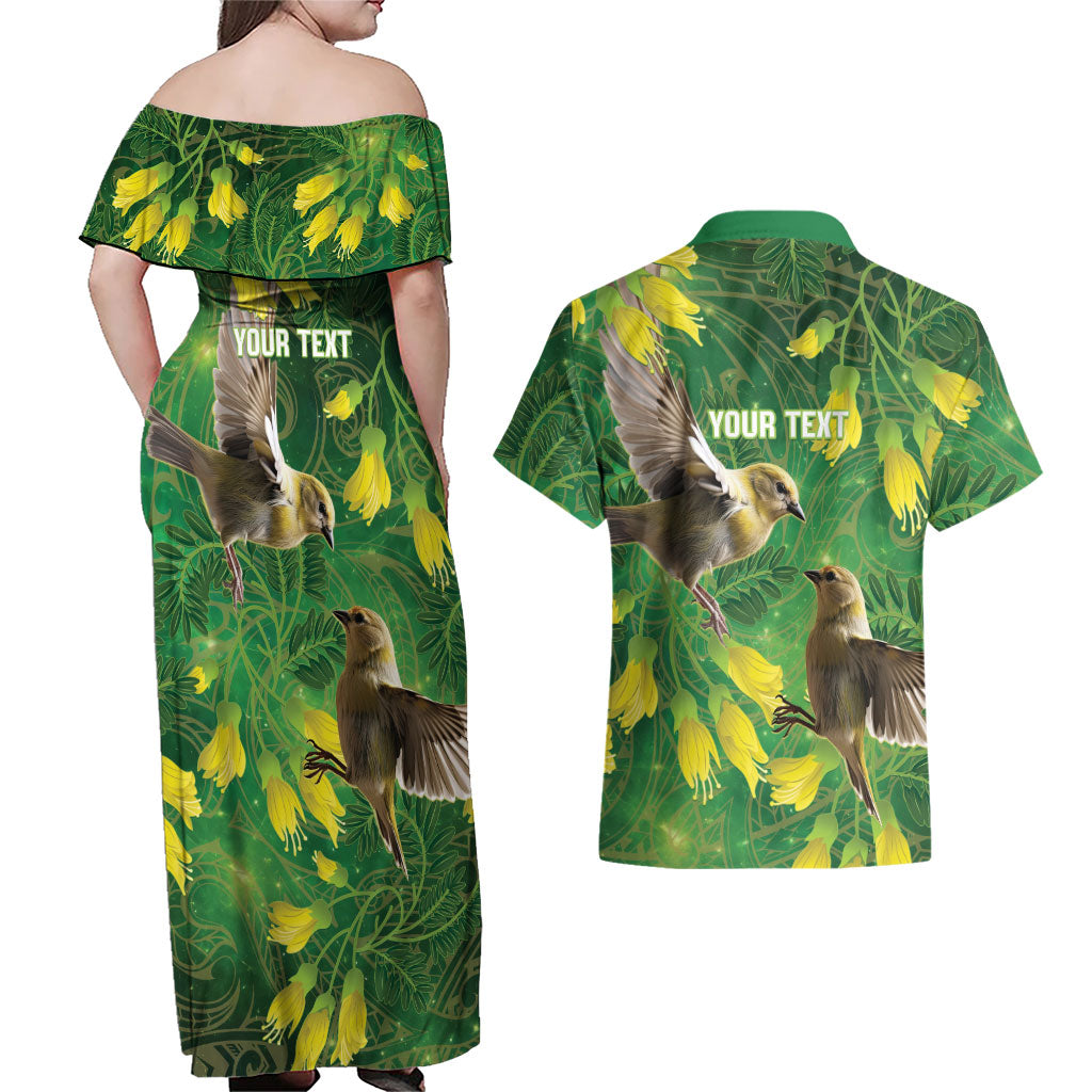 Bellbird New Zealand Personalised Couples Matching Off Shoulder Maxi Dress and Hawaiian Shirt Kowhai Flower Maori Pattern LT22 - Polynesian Pride