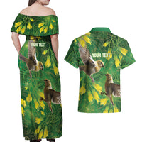 Bellbird New Zealand Personalised Couples Matching Off Shoulder Maxi Dress and Hawaiian Shirt Kowhai Flower Maori Pattern LT22 - Polynesian Pride