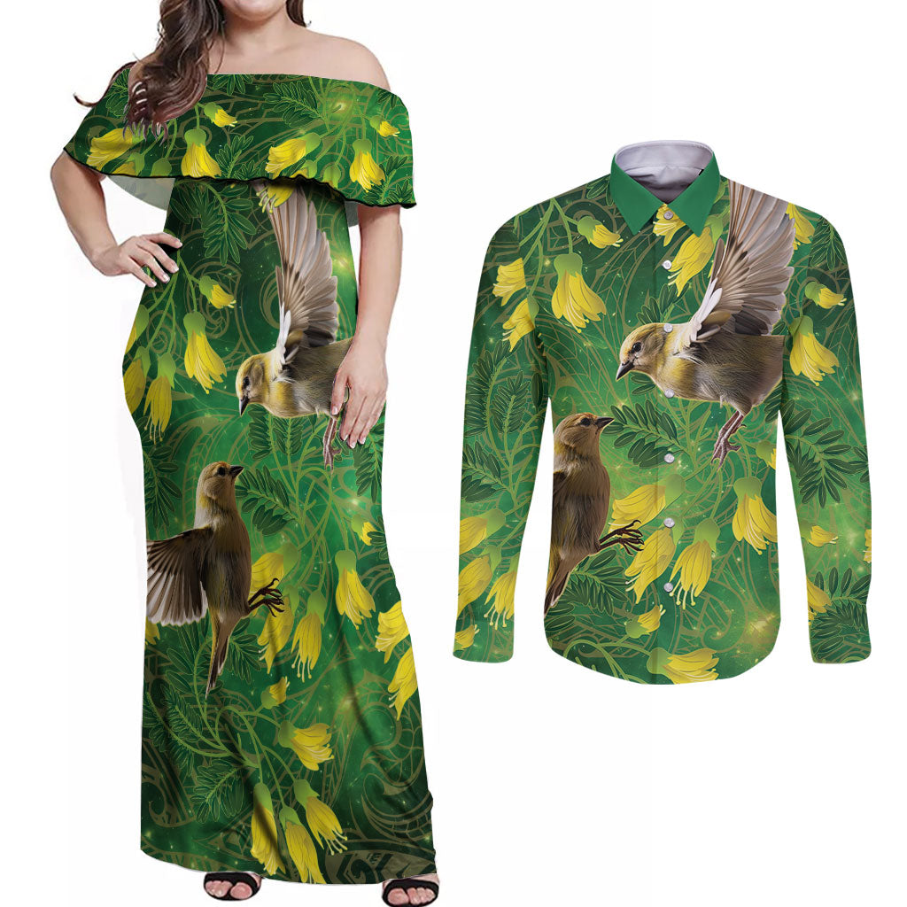 Bellbird New Zealand Personalised Couples Matching Off Shoulder Maxi Dress and Long Sleeve Button Shirt Kowhai Flower Maori Pattern LT22 Green - Polynesian Pride