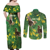 Bellbird New Zealand Personalised Couples Matching Off Shoulder Maxi Dress and Long Sleeve Button Shirt Kowhai Flower Maori Pattern LT22 - Polynesian Pride