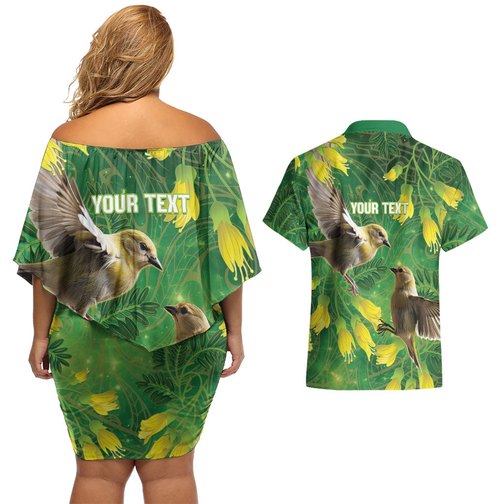 Bellbird New Zealand Personalised Couples Matching Off Shoulder Short Dress and Hawaiian Shirt Kowhai Flower Maori Pattern LT22 - Polynesian Pride