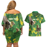Bellbird New Zealand Personalised Couples Matching Off Shoulder Short Dress and Hawaiian Shirt Kowhai Flower Maori Pattern LT22 - Polynesian Pride