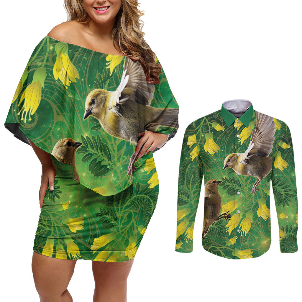 Bellbird New Zealand Personalised Couples Matching Off Shoulder Short Dress and Long Sleeve Button Shirt Kowhai Flower Maori Pattern LT22 Green - Polynesian Pride