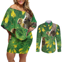 Bellbird New Zealand Personalised Couples Matching Off Shoulder Short Dress and Long Sleeve Button Shirt Kowhai Flower Maori Pattern LT22 Green - Polynesian Pride