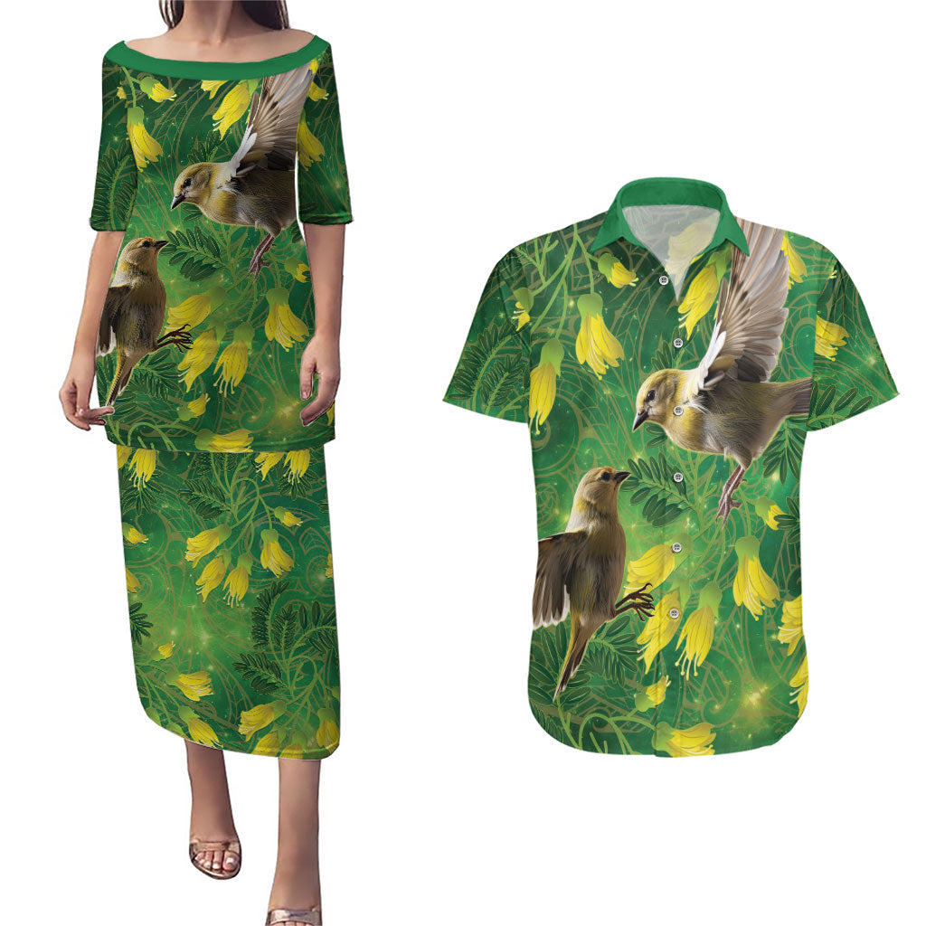 Bellbird New Zealand Personalised Couples Matching Puletasi and Hawaiian Shirt Kowhai Flower Maori Pattern LT22 Green - Polynesian Pride