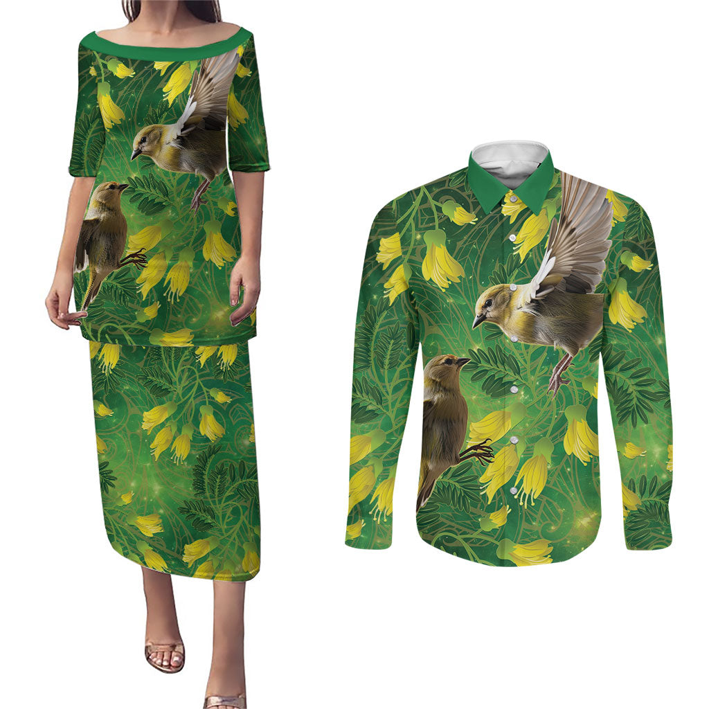 Bellbird New Zealand Personalised Couples Matching Puletasi and Long Sleeve Button Shirt Kowhai Flower Maori Pattern LT22 Green - Polynesian Pride