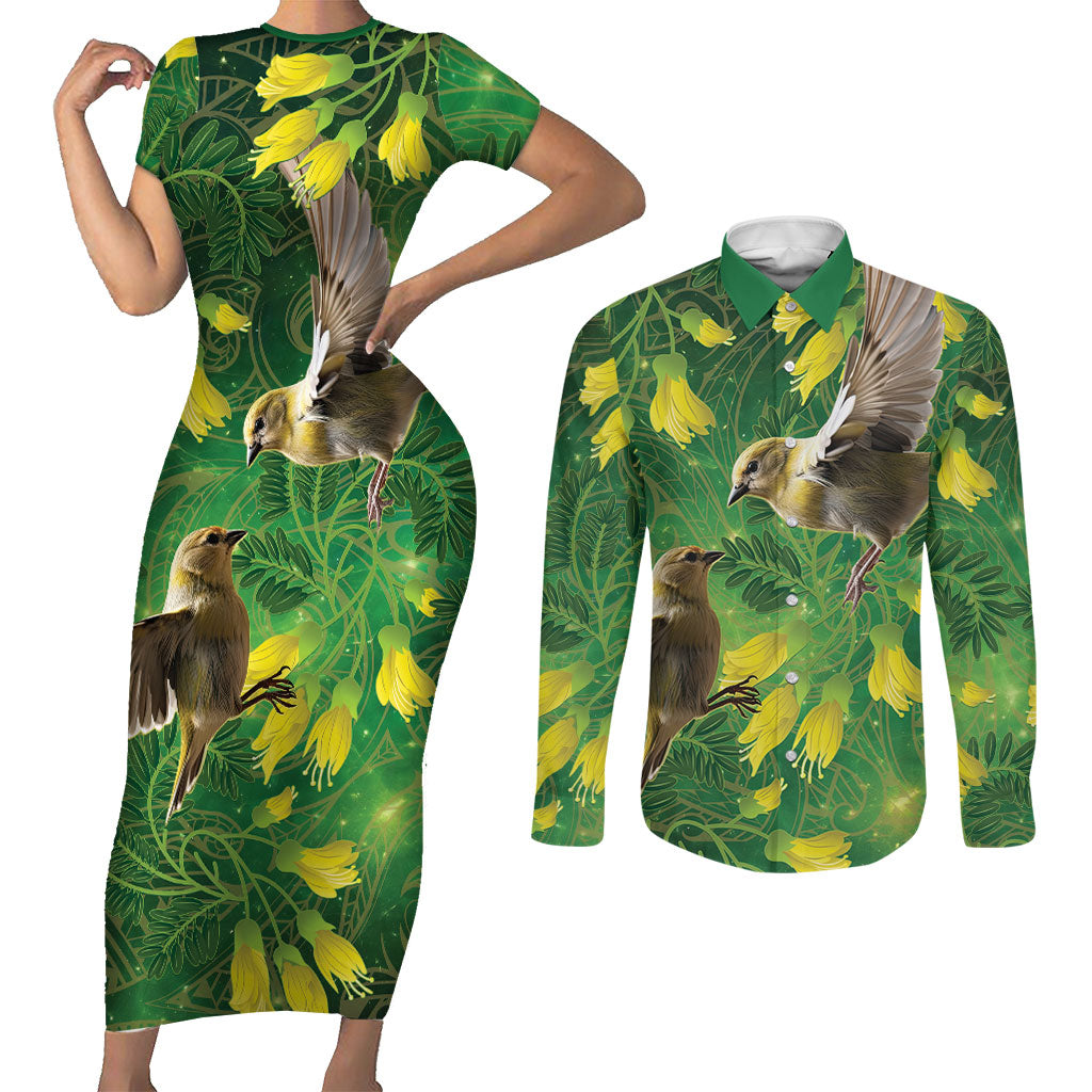 Bellbird New Zealand Personalised Couples Matching Short Sleeve Bodycon Dress and Long Sleeve Button Shirt Kowhai Flower Maori Pattern LT22 Green - Polynesian Pride