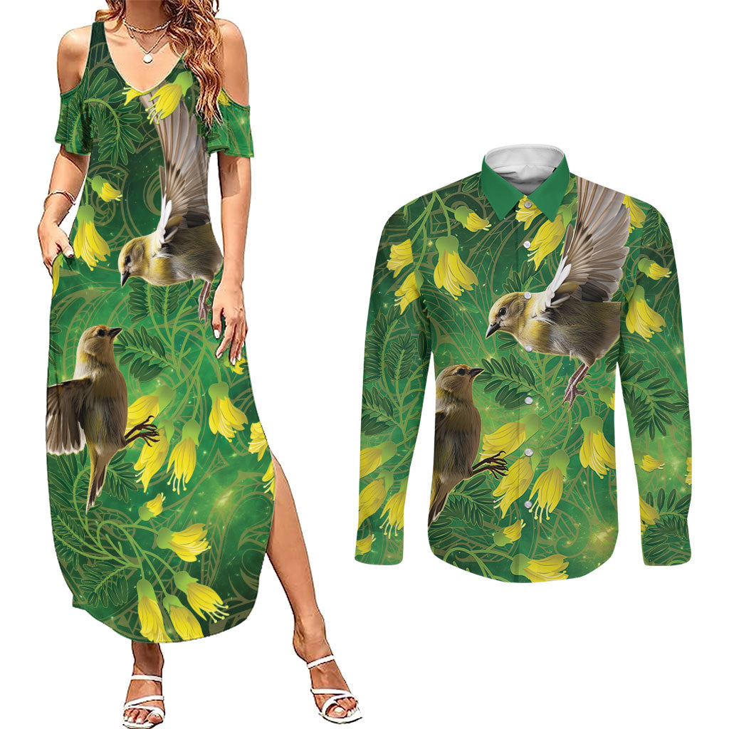 Bellbird New Zealand Personalised Couples Matching Summer Maxi Dress and Long Sleeve Button Shirt Kowhai Flower Maori Pattern LT22 Green - Polynesian Pride