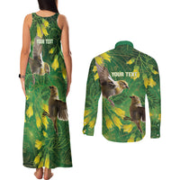 Bellbird New Zealand Personalised Couples Matching Tank Maxi Dress and Long Sleeve Button Shirt Kowhai Flower Maori Pattern LT22 - Polynesian Pride