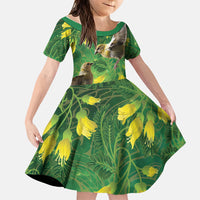 Bellbird New Zealand Personalised Family Matching Mermaid Dress and Hawaiian Shirt Kowhai Flower Maori Pattern LT22 Daughter's Dress Green - Polynesian Pride