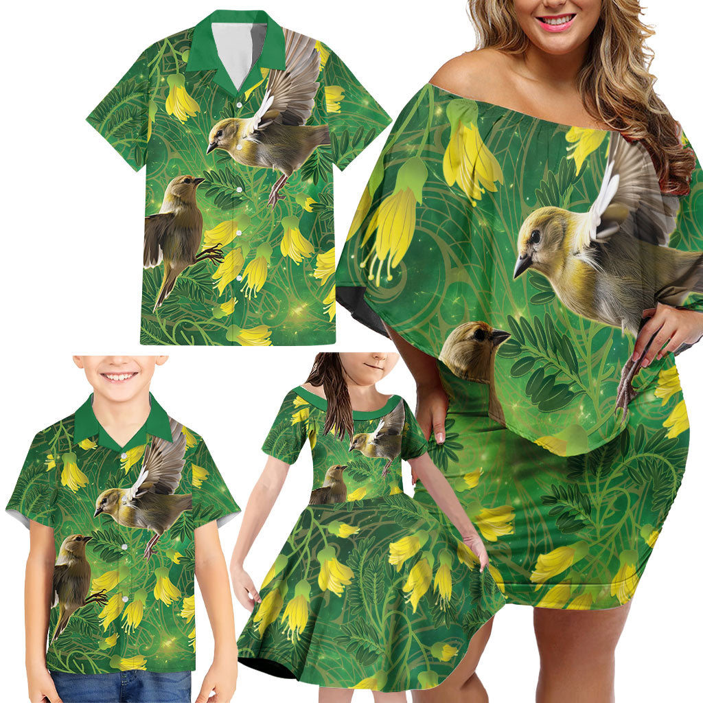 Bellbird New Zealand Personalised Family Matching Off Shoulder Short Dress and Hawaiian Shirt Kowhai Flower Maori Pattern LT22 - Polynesian Pride