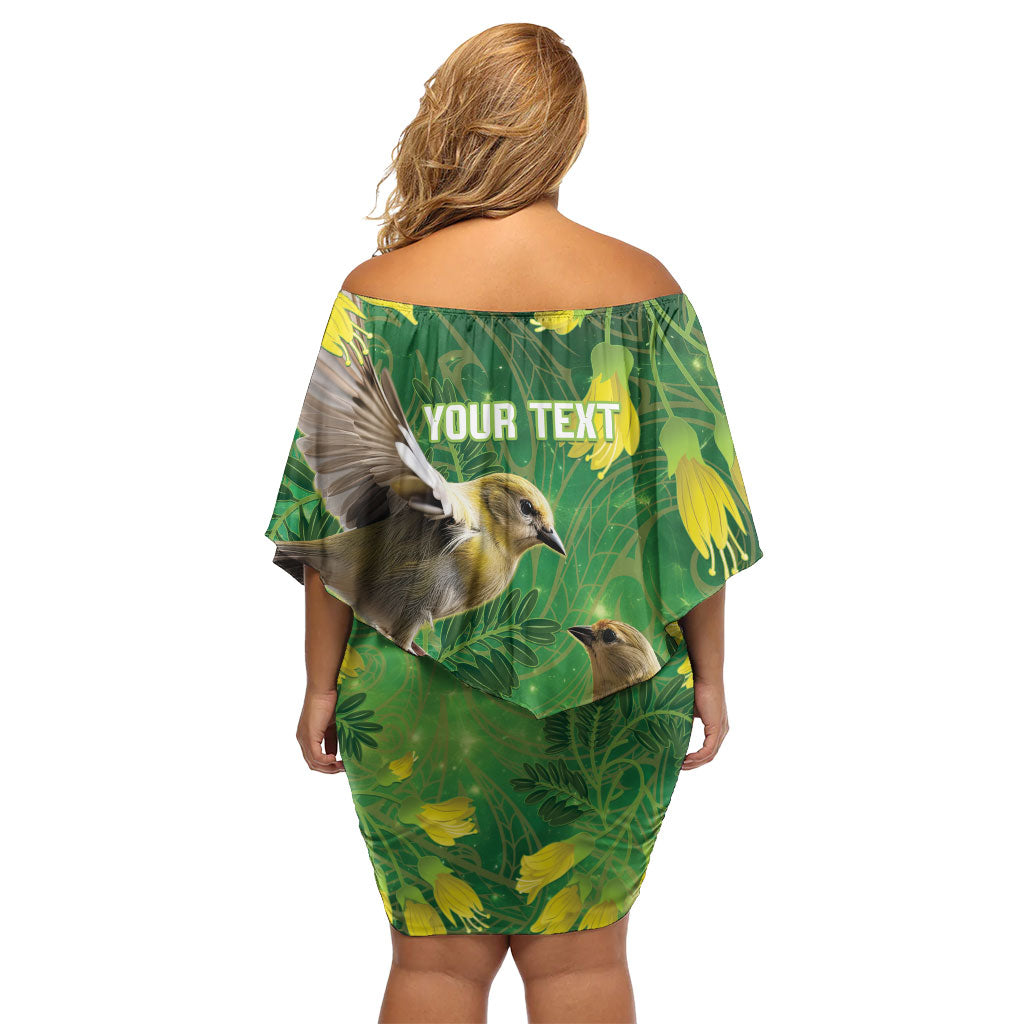 Bellbird New Zealand Personalised Family Matching Off Shoulder Short Dress and Hawaiian Shirt Kowhai Flower Maori Pattern LT22 - Polynesian Pride