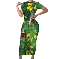 Bellbird New Zealand Personalised Family Matching Short Sleeve Bodycon Dress and Hawaiian Shirt Kowhai Flower Maori Pattern LT22 Mom's Dress Green - Polynesian Pride