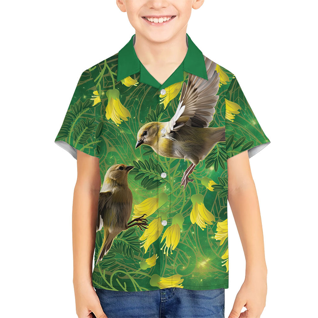 Bellbird New Zealand Personalised Family Matching Short Sleeve Bodycon Dress and Hawaiian Shirt Kowhai Flower Maori Pattern LT22 Son's Shirt Green - Polynesian Pride