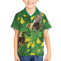 Bellbird New Zealand Personalised Family Matching Short Sleeve Bodycon Dress and Hawaiian Shirt Kowhai Flower Maori Pattern LT22 Son's Shirt Green - Polynesian Pride