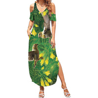 Bellbird New Zealand Personalised Family Matching Summer Maxi Dress and Hawaiian Shirt Kowhai Flower Maori Pattern LT22 Mom's Dress Green - Polynesian Pride