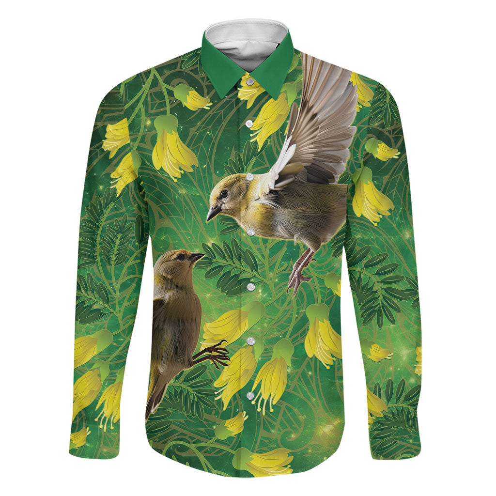 Bellbird New Zealand Personalised Family Matching Tank Maxi Dress and Hawaiian Shirt Kowhai Flower Maori Pattern LT22 Dad's Shirt - Long Sleeve Green - Polynesian Pride