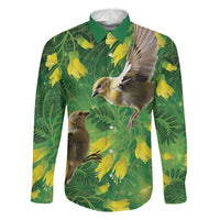 Bellbird New Zealand Personalised Family Matching Tank Maxi Dress and Hawaiian Shirt Kowhai Flower Maori Pattern LT22 Dad's Shirt - Long Sleeve Green - Polynesian Pride