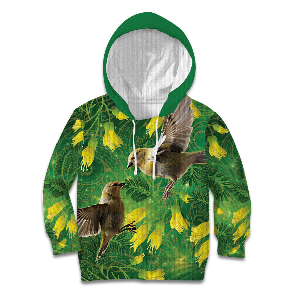 Bellbird New Zealand Personalised Kid Hoodie Kowhai Flower Maori Pattern
