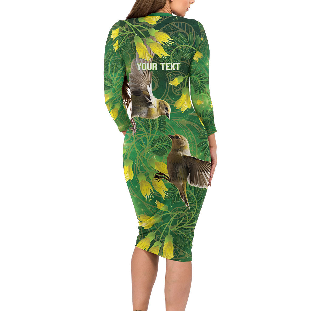 Bellbird New Zealand Personalised Long Sleeve Bodycon Dress Kowhai Flower Maori Pattern LT22 - Polynesian Pride