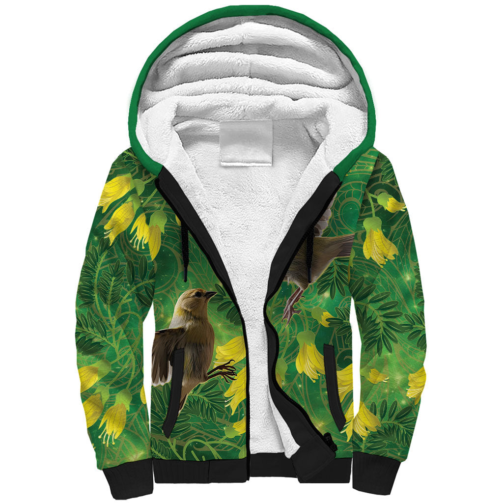 Bellbird New Zealand Personalised Sherpa Hoodie Kowhai Flower Maori Pattern