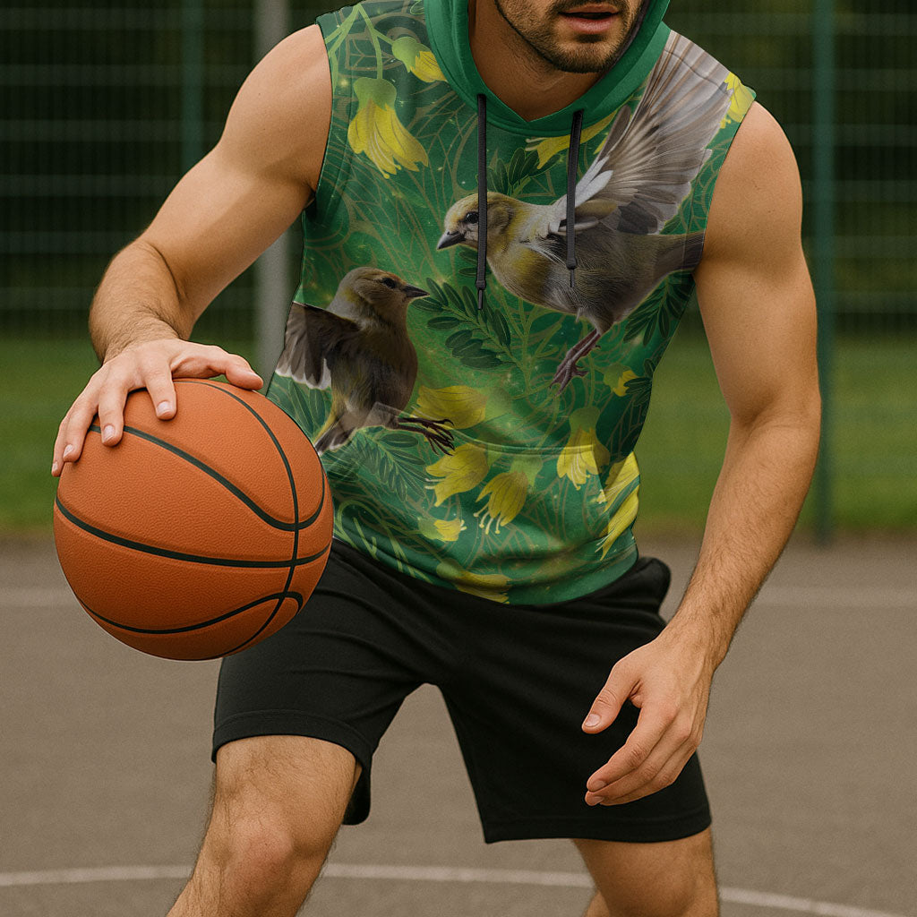 Bellbird New Zealand Personalised Sleeveless Hoodie Kowhai Flower Maori Pattern