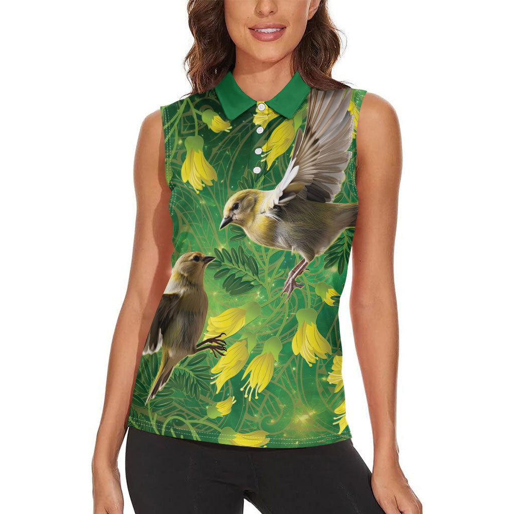 Bellbird New Zealand Personalised Women Sleeveless Polo Shirt Kowhai Flower Maori Pattern LT22 - Polynesian Pride