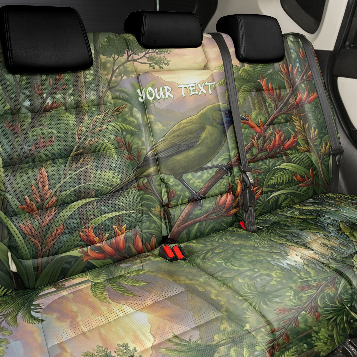 Bellbird New Zealand Personalised Back Car Seat Cover Korimako Harakeke Flower Native Forest