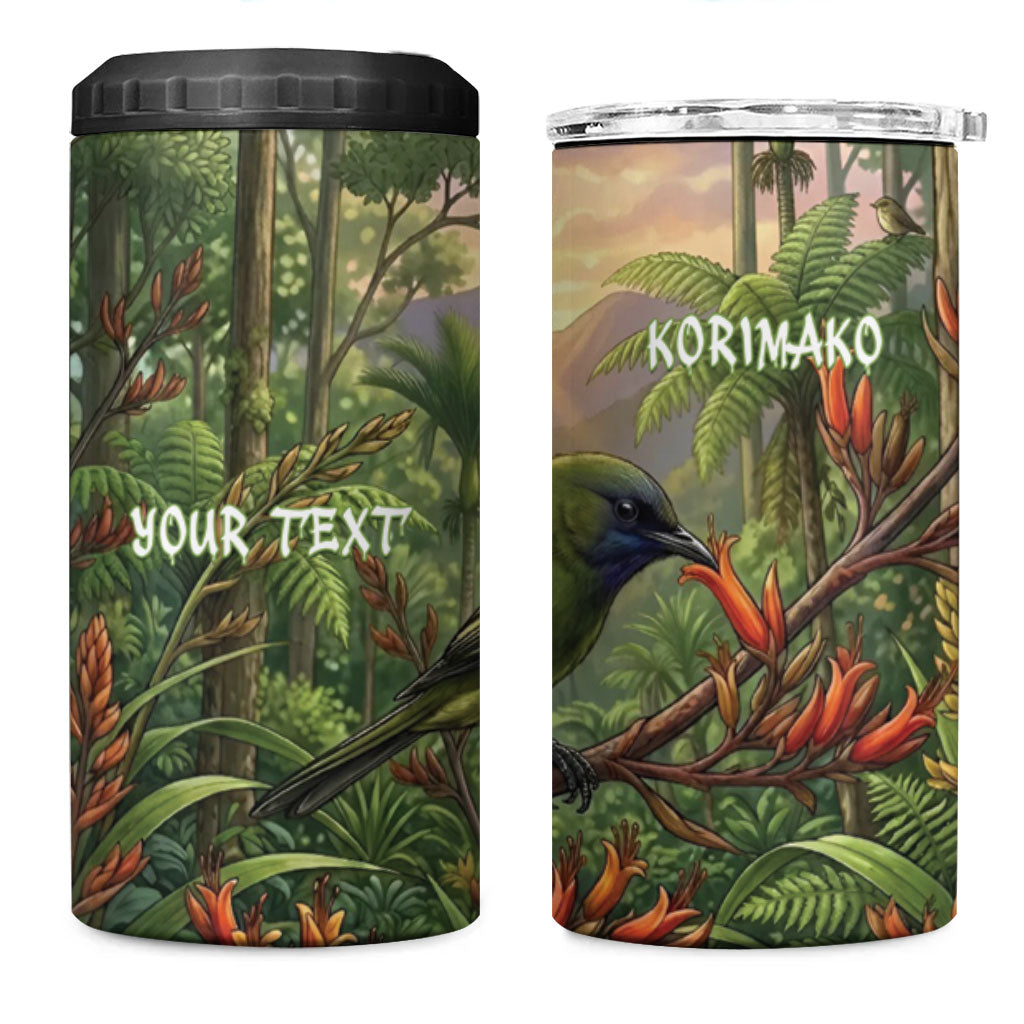 Bellbird New Zealand Personalised 4 in 1 Can Cooler Tumbler Korimako Harakeke Flower Native Forest LT22 One Size: 16 oz Green - Polynesian Pride