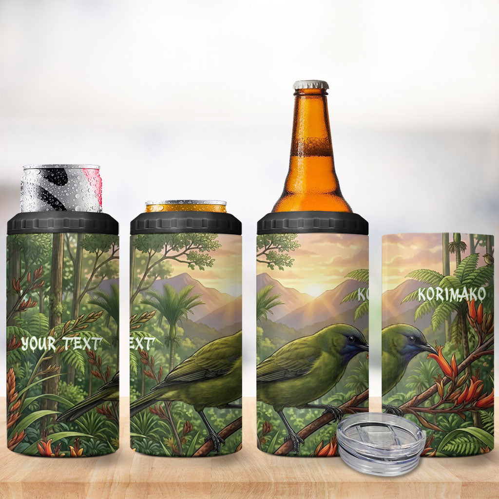 Bellbird New Zealand Personalised 4 in 1 Can Cooler Tumbler Korimako Harakeke Flower Native Forest LT22 - Polynesian Pride