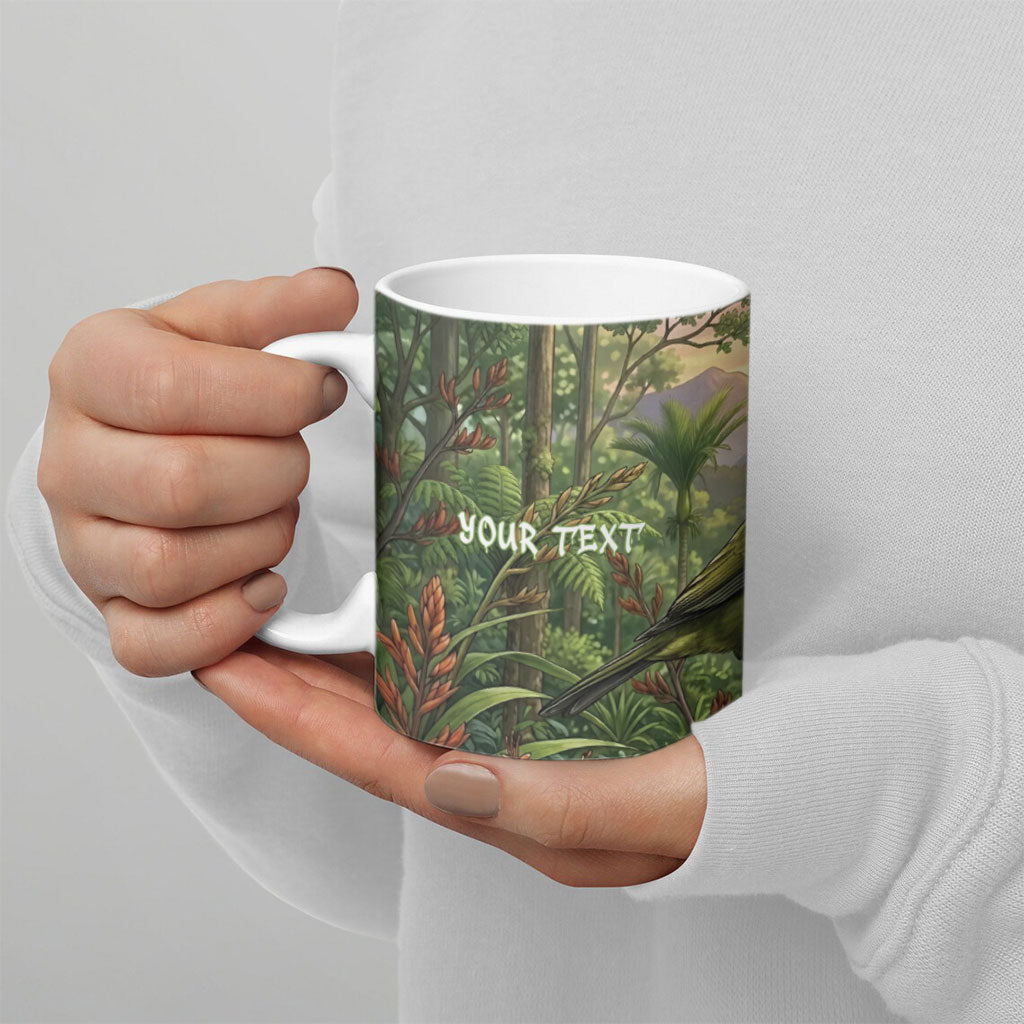Bellbird New Zealand Personalised Ceramic Mug Korimako Harakeke Flower Native Forest