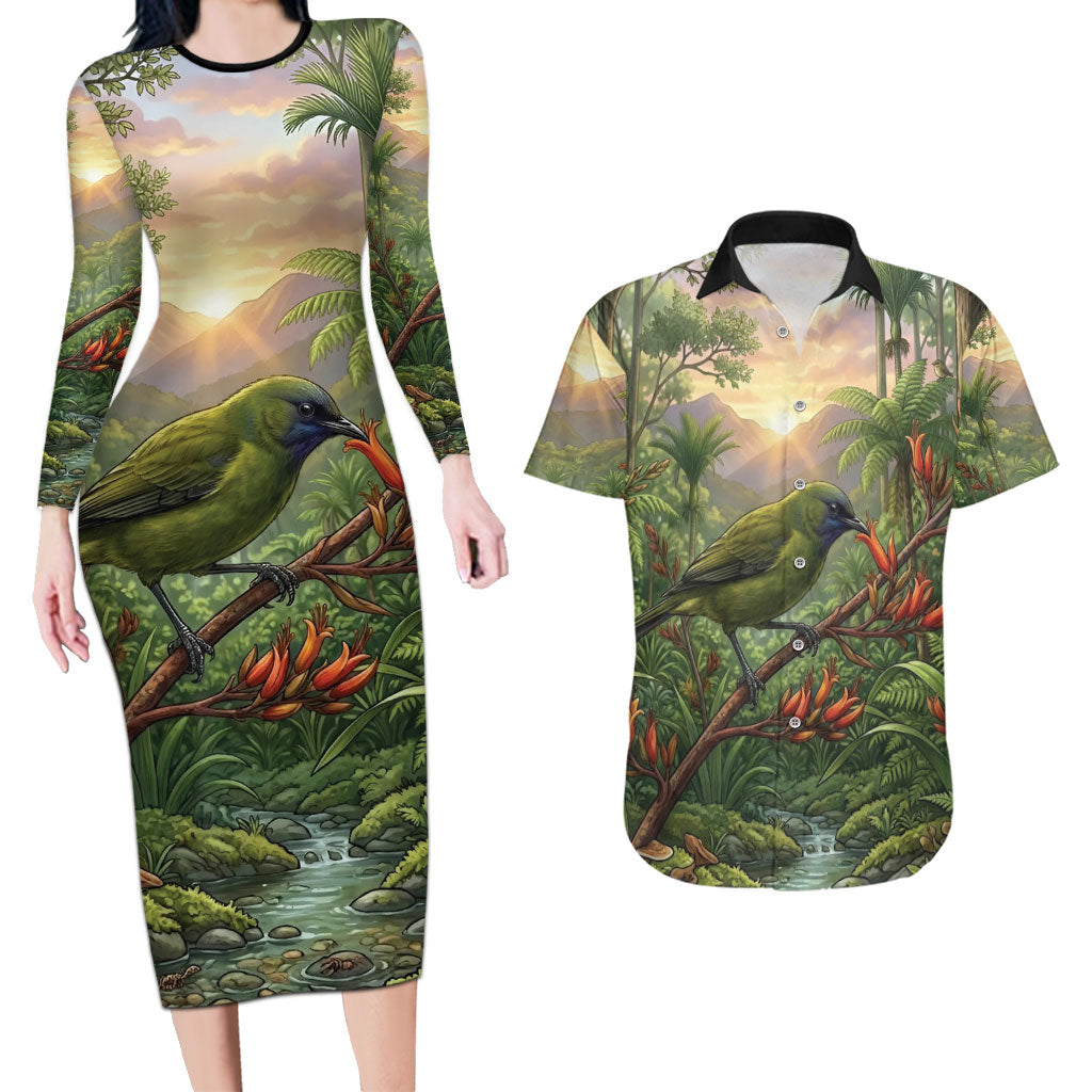 Bellbird New Zealand Personalised Couples Matching Long Sleeve Bodycon Dress and Hawaiian Shirt Korimako Harakeke Flower Native Forest LT22 Green - Polynesian Pride