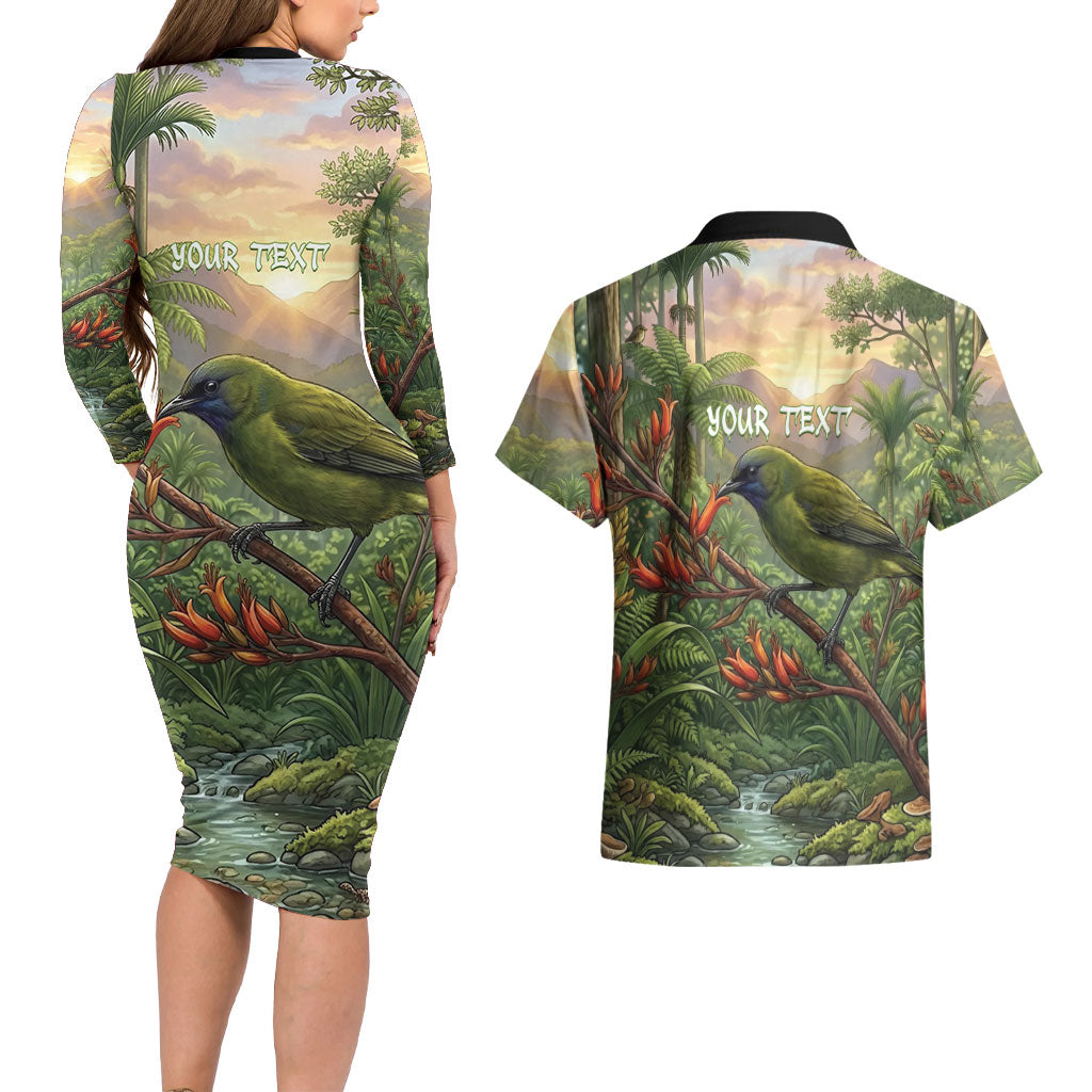 Bellbird New Zealand Personalised Couples Matching Long Sleeve Bodycon Dress and Hawaiian Shirt Korimako Harakeke Flower Native Forest LT22 - Polynesian Pride