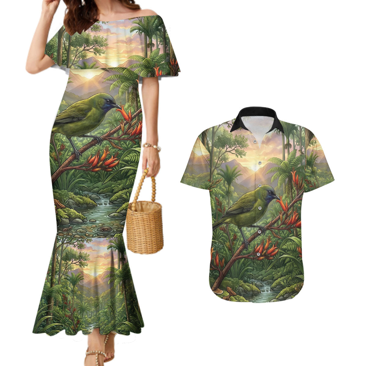 Bellbird New Zealand Personalised Couples Matching Mermaid Dress and Hawaiian Shirt Korimako Harakeke Flower Native Forest LT22 Green - Polynesian Pride