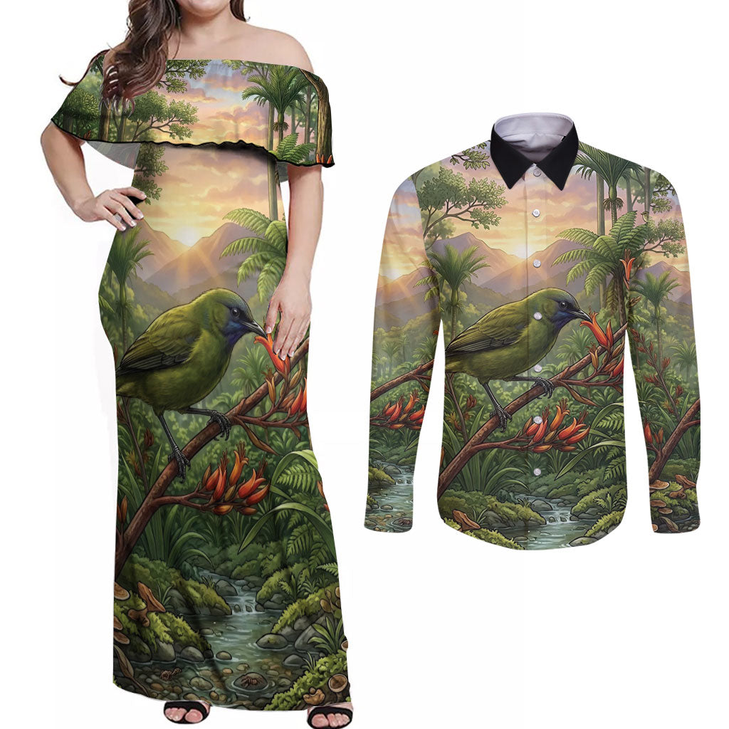 Bellbird New Zealand Personalised Couples Matching Off Shoulder Maxi Dress and Long Sleeve Button Shirt Korimako Harakeke Flower Native Forest LT22 Green - Polynesian Pride