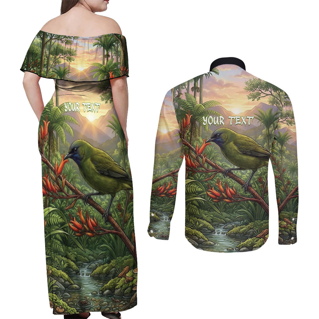 Bellbird New Zealand Personalised Couples Matching Off Shoulder Maxi Dress and Long Sleeve Button Shirt Korimako Harakeke Flower Native Forest LT22 - Polynesian Pride