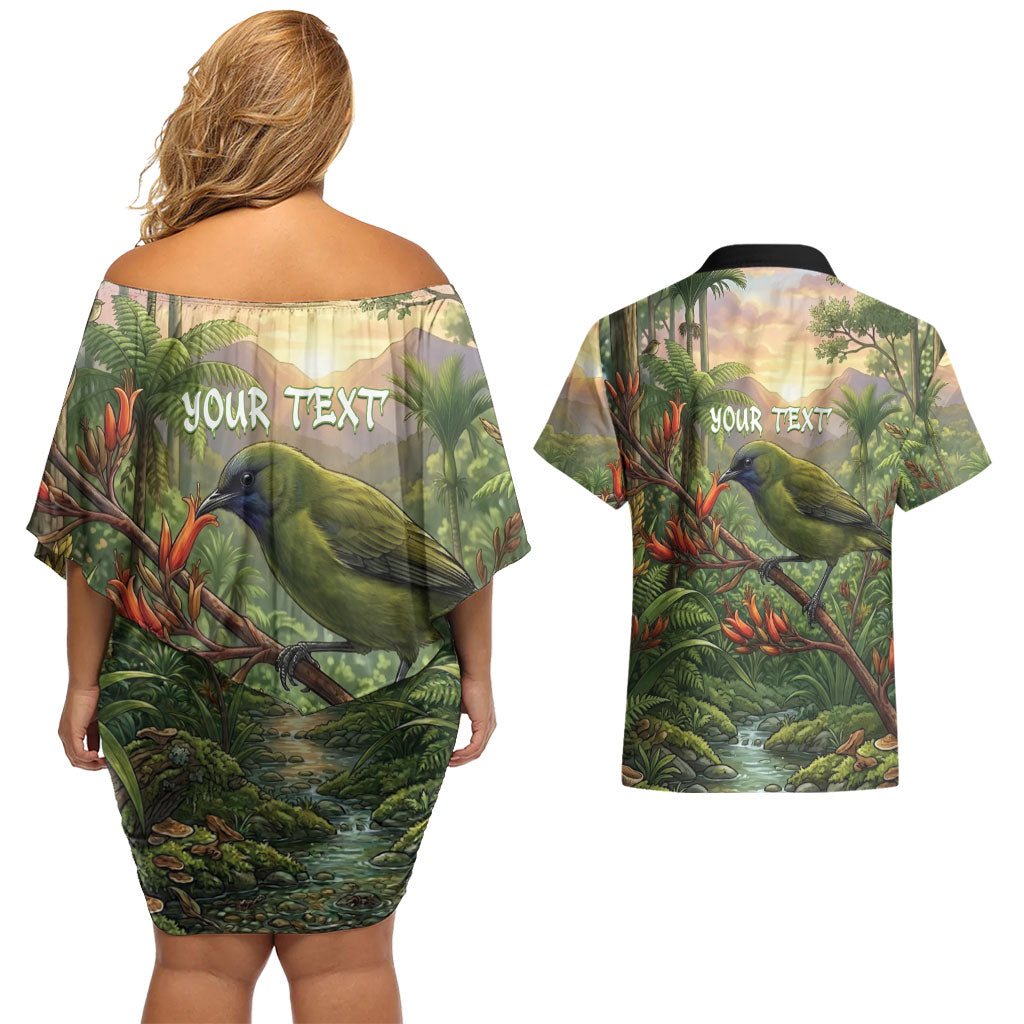 Bellbird New Zealand Personalised Couples Matching Off Shoulder Short Dress and Hawaiian Shirt Korimako Harakeke Flower Native Forest LT22 - Polynesian Pride