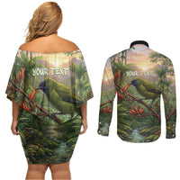 Bellbird New Zealand Personalised Couples Matching Off Shoulder Short Dress and Long Sleeve Button Shirt Korimako Harakeke Flower Native Forest LT22 - Polynesian Pride