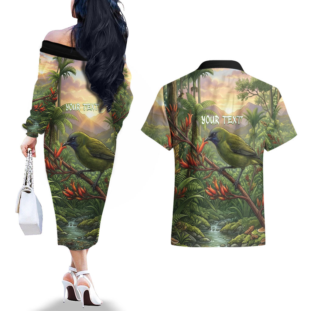 Bellbird New Zealand Personalised Couples Matching Off The Shoulder Long Sleeve Dress and Hawaiian Shirt Korimako Harakeke Flower Native Forest LT22 - Polynesian Pride