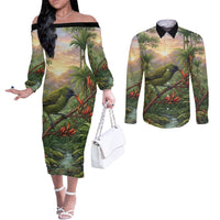 Bellbird New Zealand Personalised Couples Matching Off The Shoulder Long Sleeve Dress and Long Sleeve Button Shirt Korimako Harakeke Flower Native Forest LT22 Green - Polynesian Pride