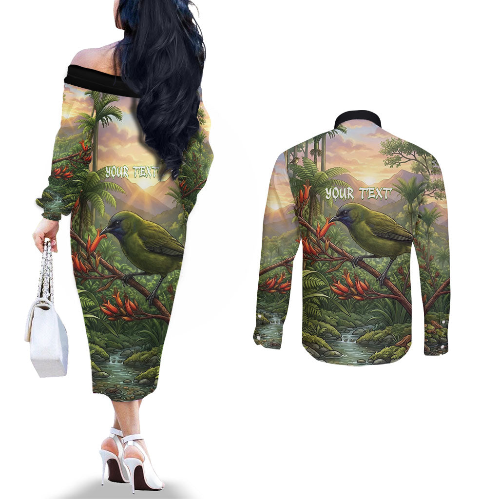 Bellbird New Zealand Personalised Couples Matching Off The Shoulder Long Sleeve Dress and Long Sleeve Button Shirt Korimako Harakeke Flower Native Forest LT22 - Polynesian Pride