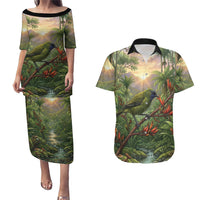 Bellbird New Zealand Personalised Couples Matching Puletasi and Hawaiian Shirt Korimako Harakeke Flower Native Forest LT22 Green - Polynesian Pride