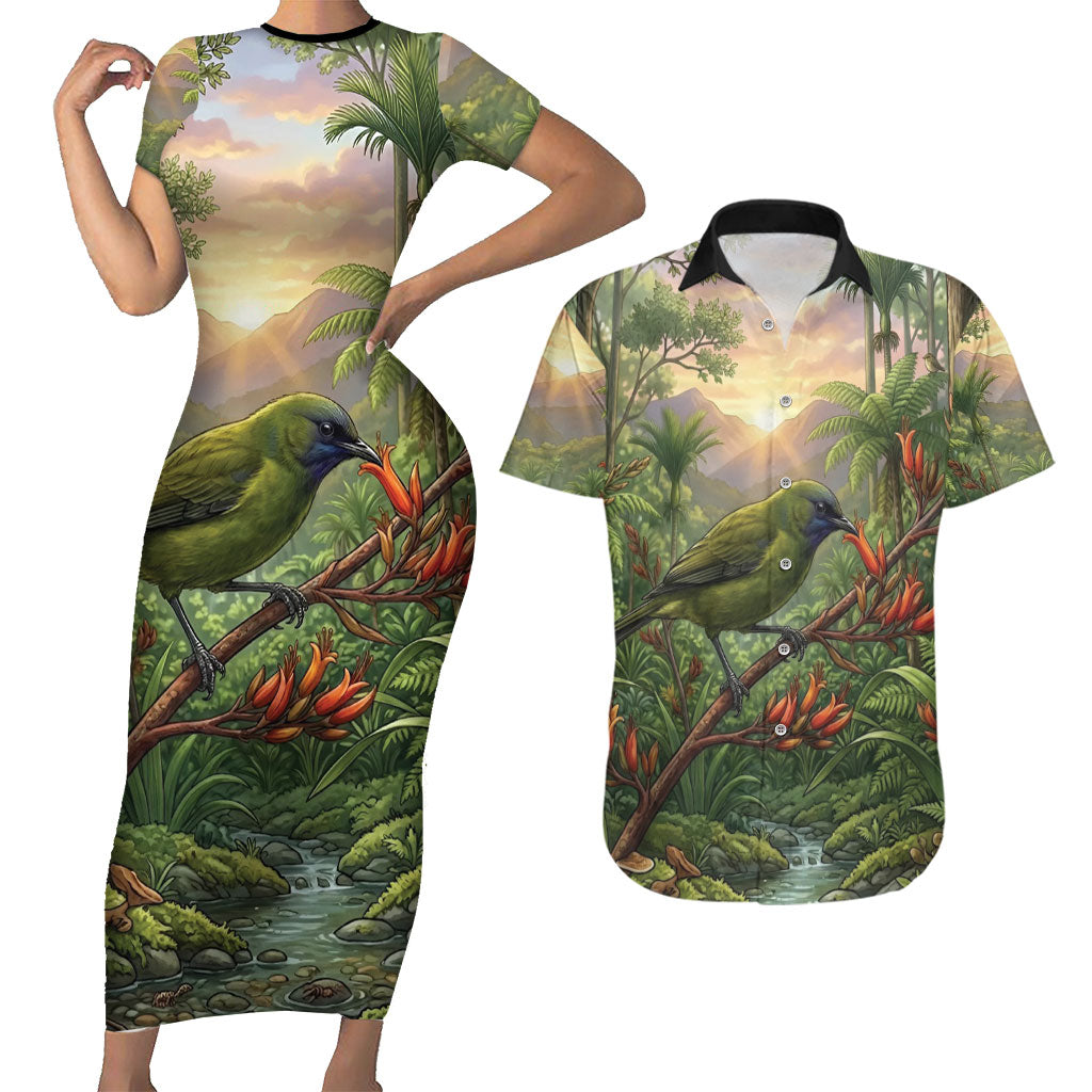Bellbird New Zealand Personalised Couples Matching Short Sleeve Bodycon Dress and Hawaiian Shirt Korimako Harakeke Flower Native Forest