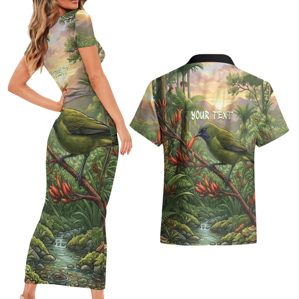 Bellbird New Zealand Personalised Couples Matching Short Sleeve Bodycon Dress and Hawaiian Shirt Korimako Harakeke Flower Native Forest LT22 - Polynesian Pride
