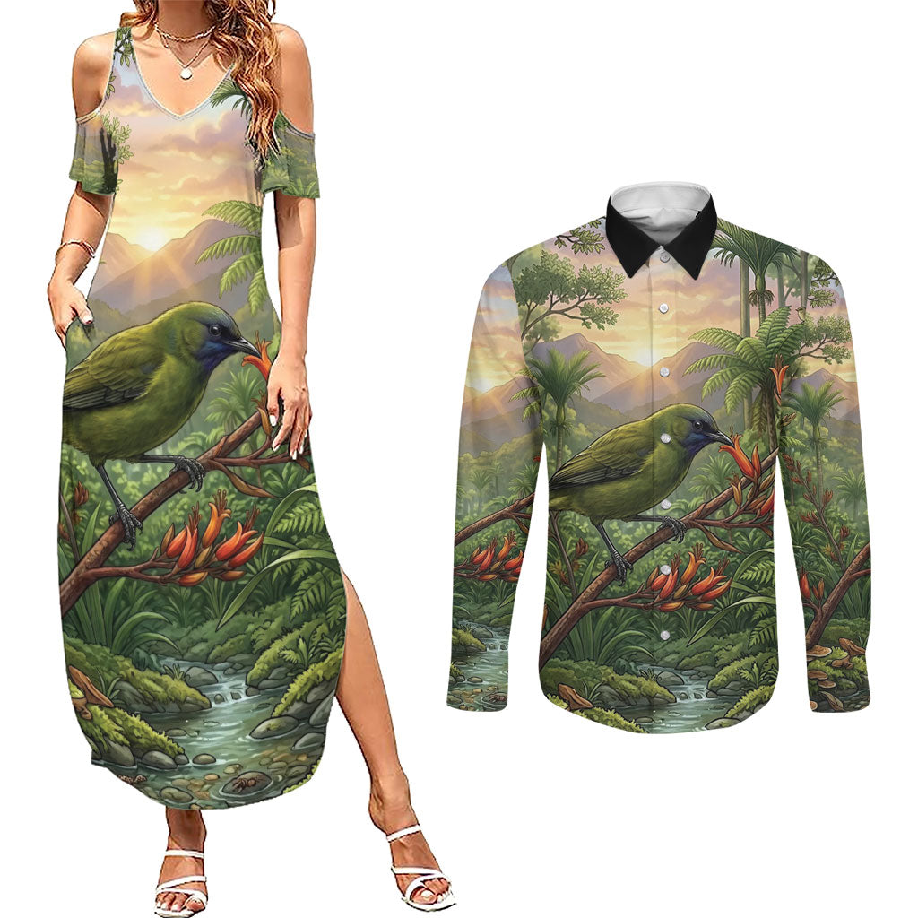 Bellbird New Zealand Personalised Couples Matching Summer Maxi Dress and Long Sleeve Button Shirt Korimako Harakeke Flower Native Forest LT22 Green - Polynesian Pride