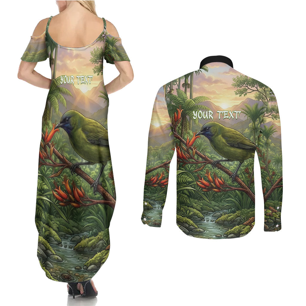 Bellbird New Zealand Personalised Couples Matching Summer Maxi Dress and Long Sleeve Button Shirt Korimako Harakeke Flower Native Forest LT22 - Polynesian Pride