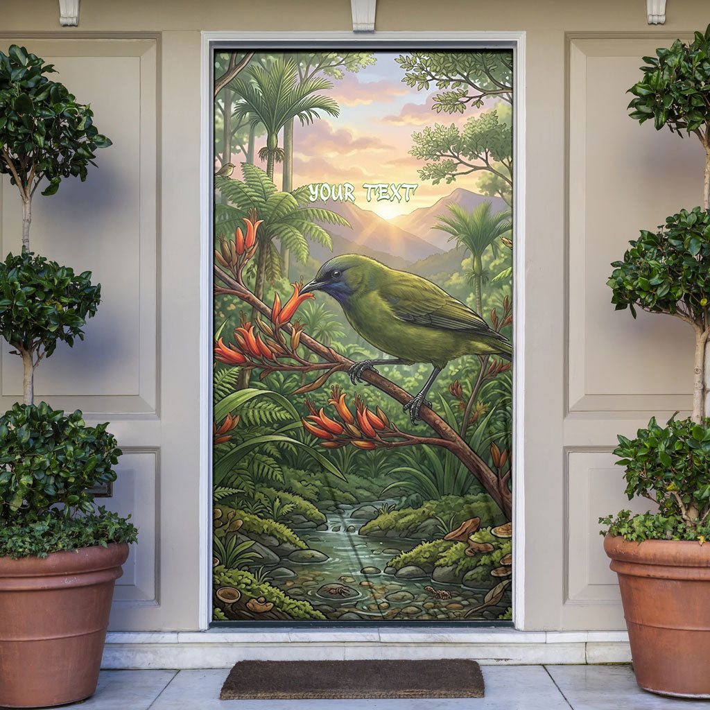 Bellbird New Zealand Personalised Door Cover Korimako Harakeke Flower Native Forest