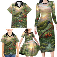 Bellbird New Zealand Personalised Family Matching Long Sleeve Bodycon Dress and Hawaiian Shirt Korimako Harakeke Flower Native Forest LT22 - Polynesian Pride